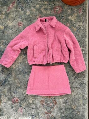 H&M Pink Fuzzy Zip Jacket and Matching Skirt Set